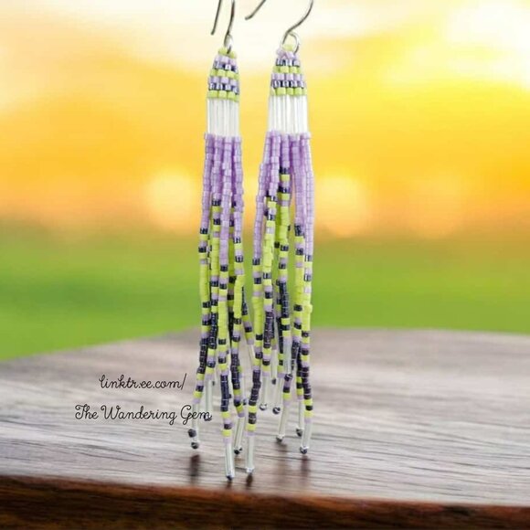 Jellyfish Beaded Fringe Shoulder Duster Dangle Earrings, Purple & Green 4.5" - Picture 4 of 9